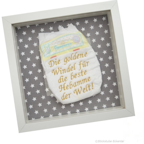 Goldene Windel im Rahmen Hebamme